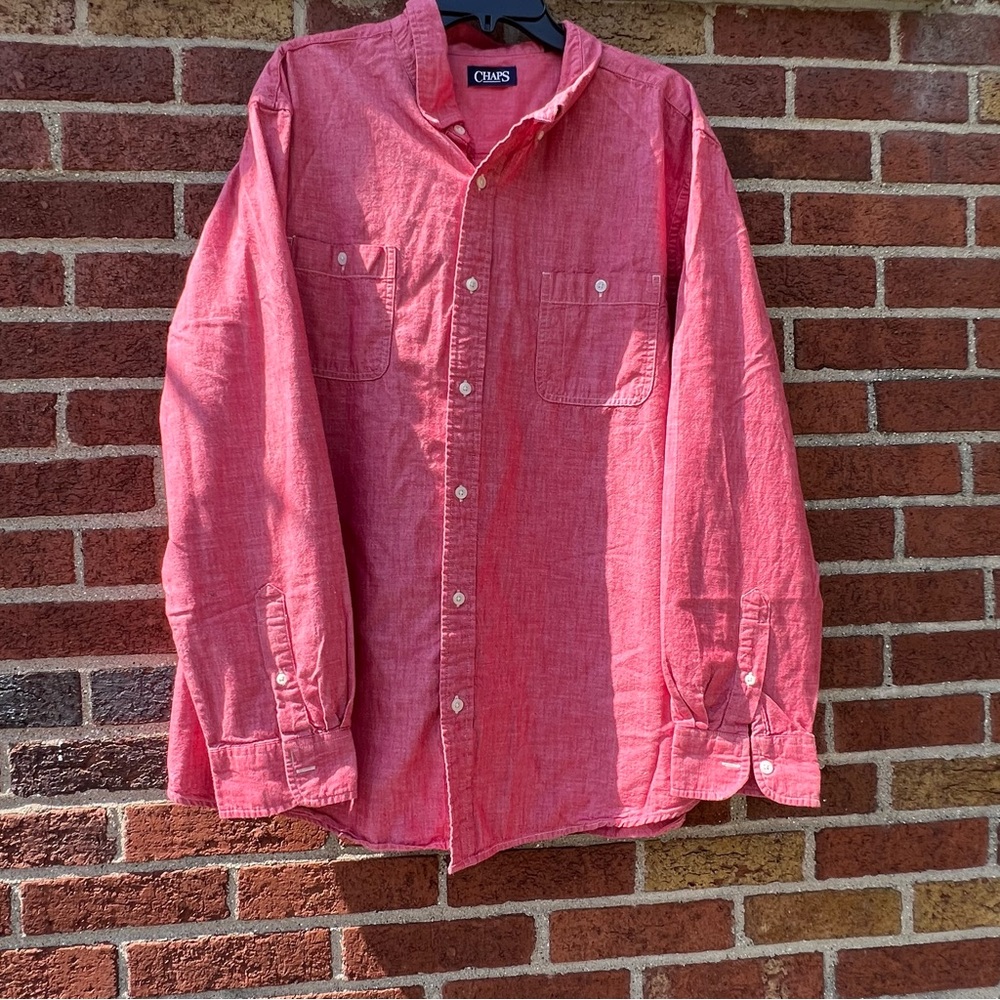 Chaps Mens Long Sleeve Button Down Shirt Red Collared Size XXL